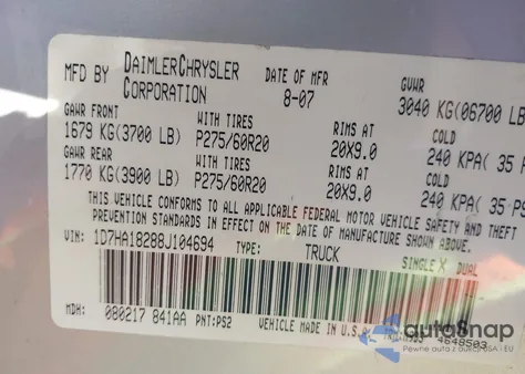 2008 Dodge Ram 1500 Slt from USA, damaged, VIN 1D7HA18288J104694